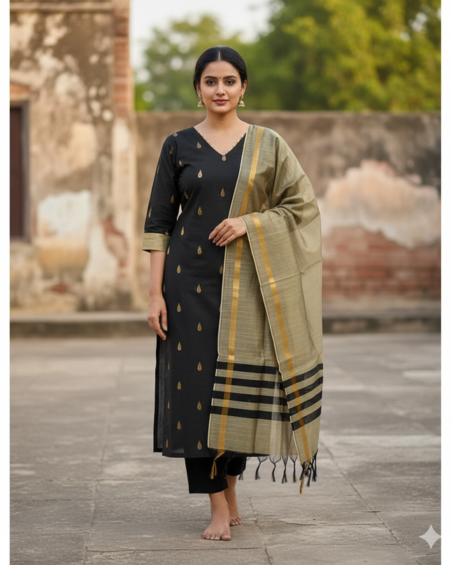 Raw Silk 3pc KurtiSet With Black Colour Full Length Lining | Gold Dupatta