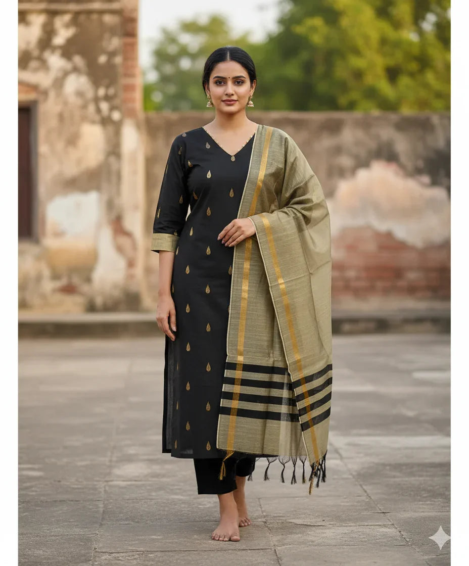 Raw Silk 3pc KurtiSet With Black Colour Full Length Lining | Gold Dupatta
