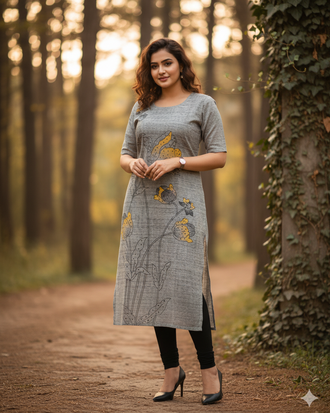 Premium Cotton Straight Cut Kurti with Floral Print with Grey Color