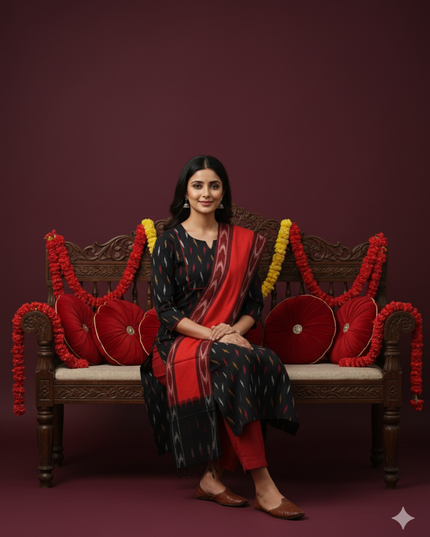 Premium Ikkat 3 Piece Stitched Set – Ready to Wear Kurta, Bottom & Dupatta – Black Colour Handloom Ethnic Wear