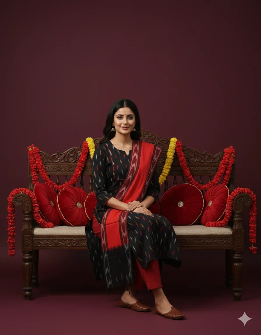 Premium Ikkat 3 Piece Stitched Set – Ready to Wear Kurta, Bottom & Dupatta – Black Colour Handloom Ethnic Wear