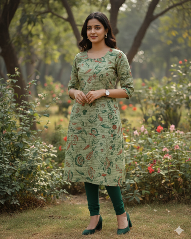 Premium Straight Cut Kurti – Pale Green Colour with Beautiful Floral Print