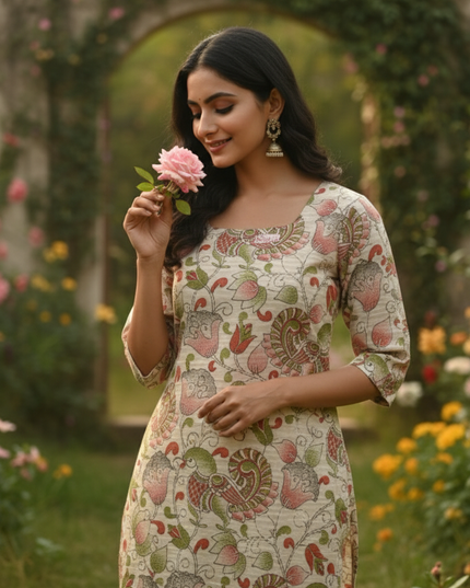 Premium Cotton Straight Cut Kurti Biscuit – Elegant Floral Print Design