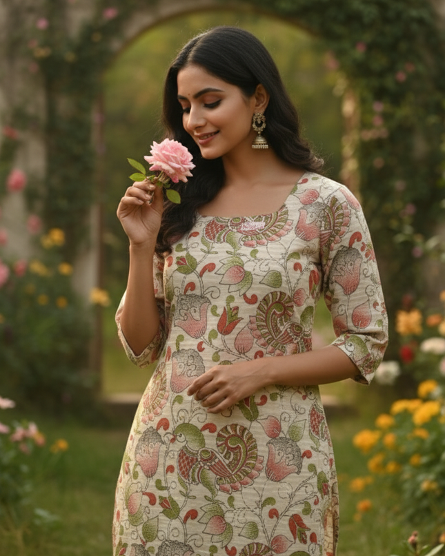 Premium Cotton Straight Cut Kurti Biscuit – Elegant Floral Print Design