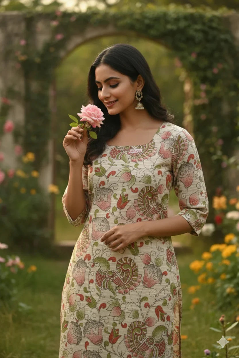 Premium Cotton Straight Cut Kurti Biscuit – Elegant Floral Print Design