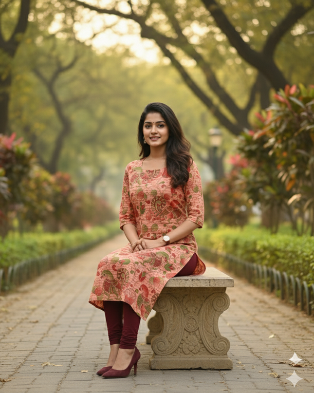 Premium Straight Cut Kurti – Peach Colour with Beautiful Floral Print