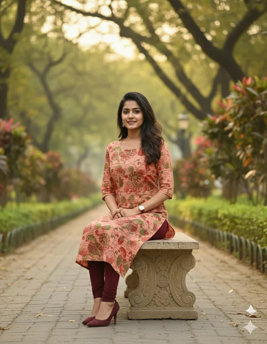 Premium Straight Cut Kurti – Peach Colour with Beautiful Floral Print