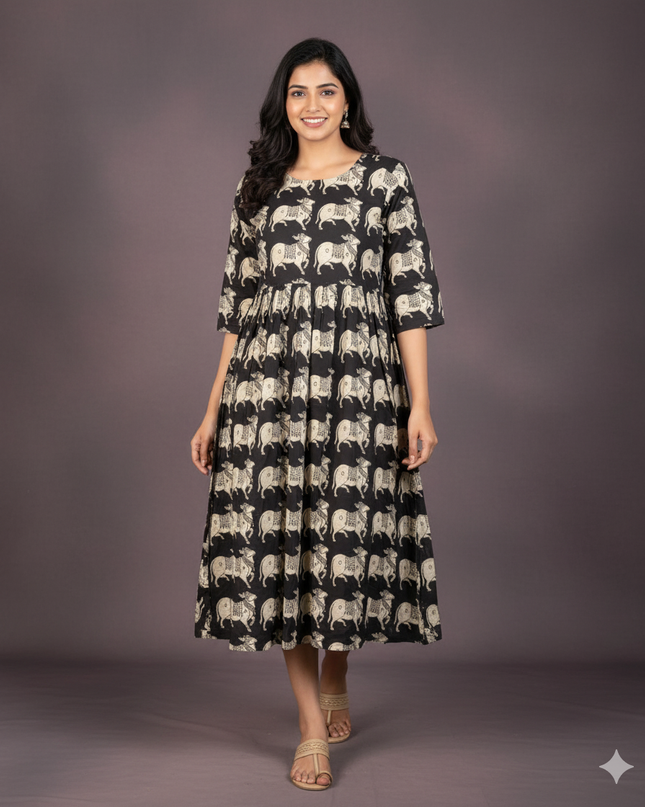 Kalamkari Pichwai Cow Design Frock – Black Colour | Handloom Ethnic Wear with Half Lining