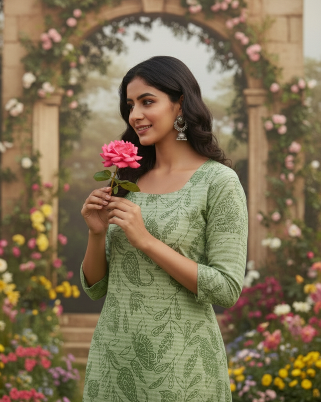 Premium Straight Cut Kurti – Green Colour with Beautiful Floral Print