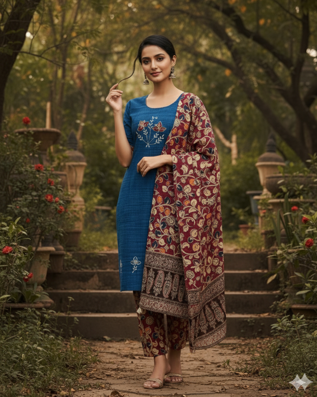 Kalamkari 3pc Set with Embroidery & Mirror Work Skyblue
