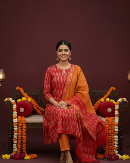 Premium Ikkat 3 Piece Stitched Set – Ready to Wear Kurta, Bottom & Dupatta – Red Colour Handloom Ethnic Wear