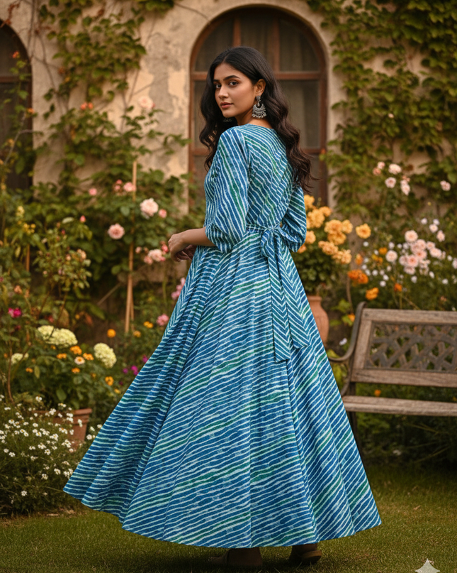 Graceful Sky Blue Striped Anarkali – Umbrella Style Frock
