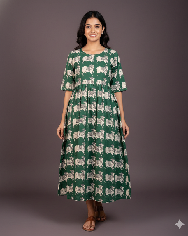 Kalamkari Pichwai Cow Design Frock – Green Colour | Handloom Ethnic Wear with Half Lining