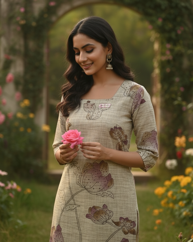 Premium Cotton Straight Cut Kurti – Biscuit Floral Print Design for Women