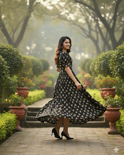 Premium Mul Cotton Frock Black – Puff Sleeve Design with Knots, Zero Shrinkage