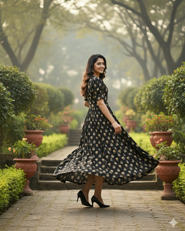 Premium Mul Cotton Frock Black – Puff Sleeve Design with Knots, Zero Shrinkage