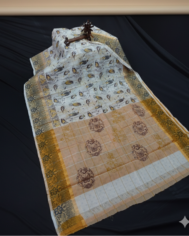 Chirala cotton saree half white shade and printed blouse