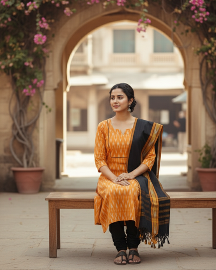 Premium Ikkat 3 Piece Stitched Set – Ready to Wear Kurta, Bottom & Dupatta – Yellow Handloom Ethnic Wear