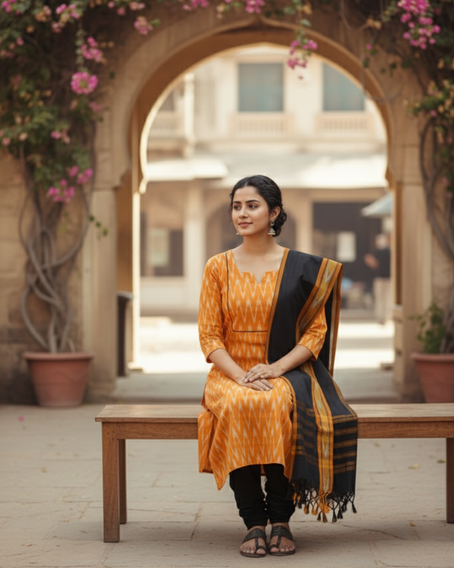 Premium Ikkat 3 Piece Stitched Set – Ready to Wear Kurta, Bottom & Dupatta – Yellow Handloom Ethnic Wear