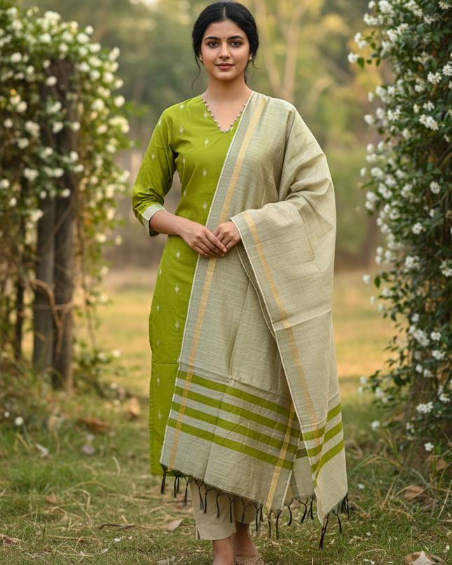 Raw Silk 3pc KurtiSet With Green Colour Full Length Lining | Gold Dupatta
