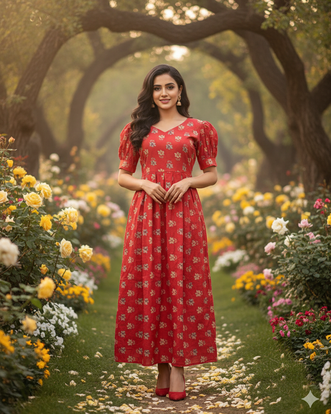 Premium Mul Cotton Frock Red – Puff Sleeve Design with Knots, Zero Shrinkage