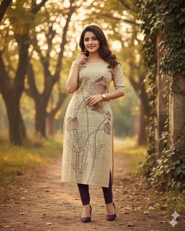Premium Straight Cut Kurti – Wheat Colour with Beautiful Floral Print