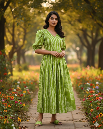 Premium Mul Cotton Frock Parrot Green – Puff Sleeve Design with Knots, Zero Shrinkage