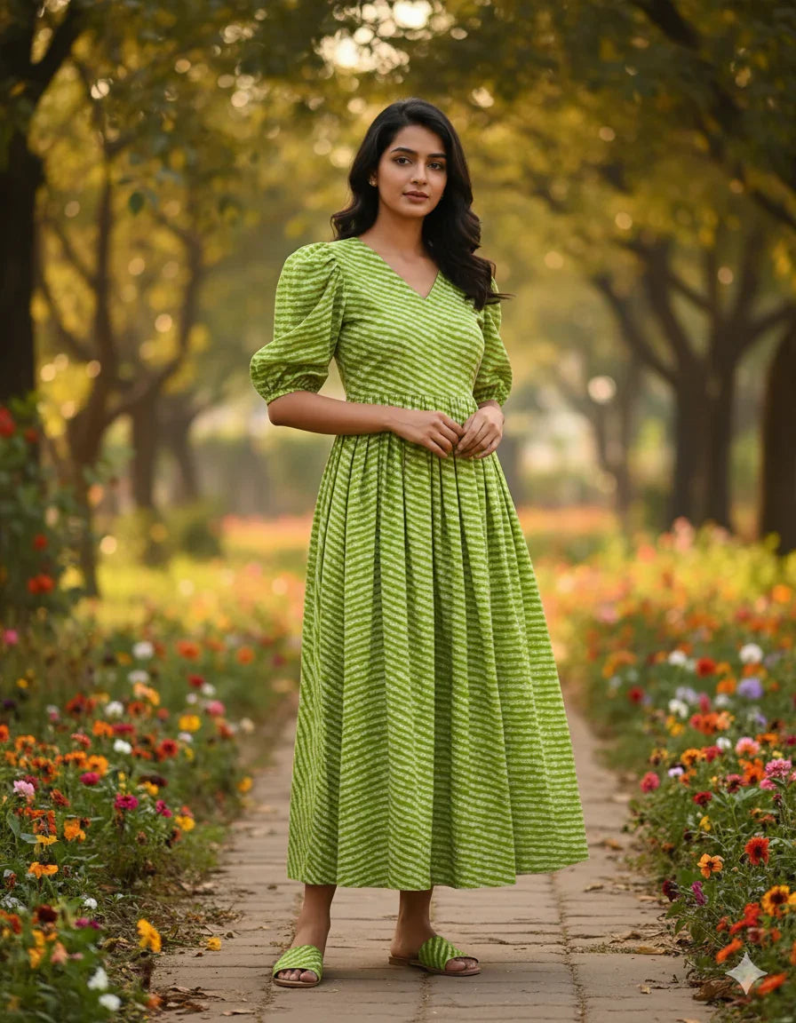 Premium Mul Cotton Frock Parrot Green – Puff Sleeve Design with Knots, Zero Shrinkage
