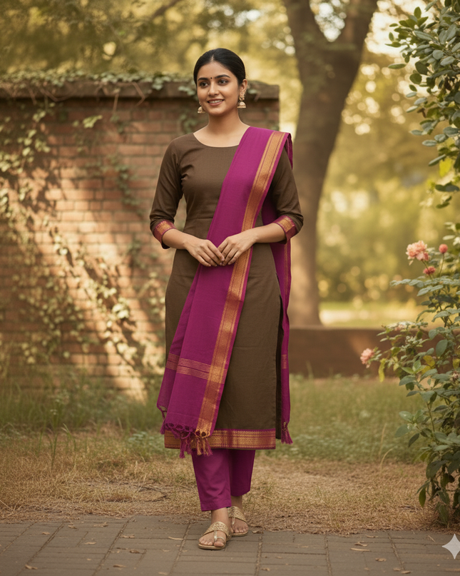 Mangalagiri Dress Material with thread border Green & Purple double weave