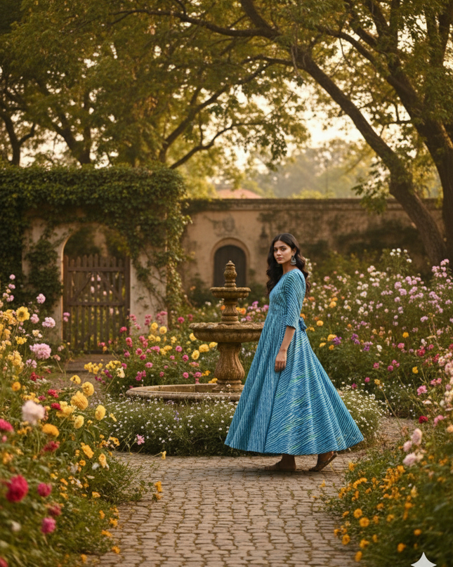 Graceful Sky Blue Striped Anarkali – Umbrella Style Frock