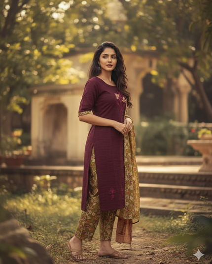 Kalamkari 3pc Set with Embroidery & Mirror Work Maroon & Black