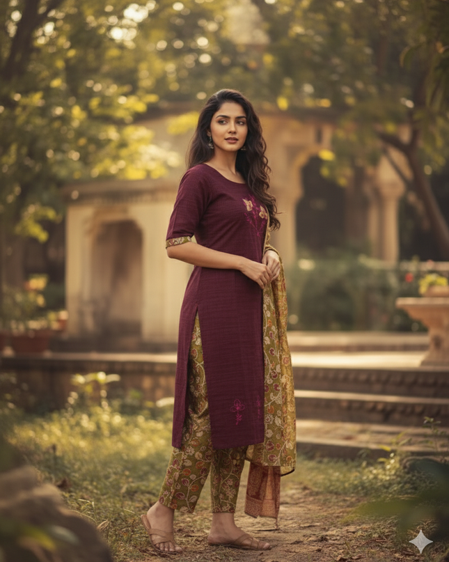 Kalamkari 3pc Set with Embroidery & Mirror Work Maroon & Black