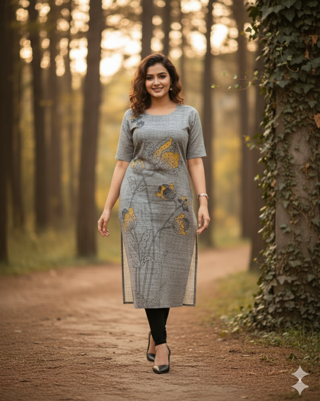 Premium Cotton Straight Cut Kurti with Floral Print with Grey Color