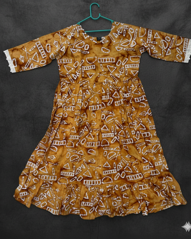 Handmade Batik Frock with Natural Dye – Potli Ball Neck Design Bronze Colour with Half Lining