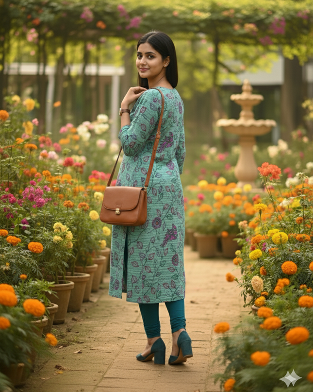 Premium Straight Cut Kurti – Spanish Green Colour with Beautiful Floral Print