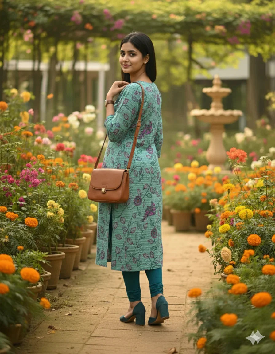 Premium Straight Cut Kurti – Spanish Green Colour with Beautiful Floral Print