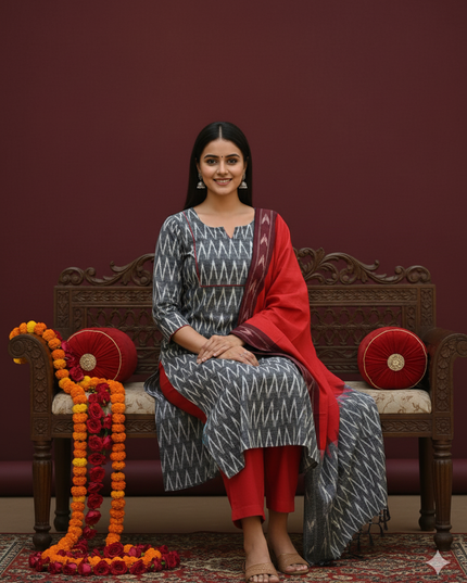 Premium Ikkat 3 Piece Stitched Set – Ready to Wear Kurta, Bottom & Dupatta –Light Gray Colour Handloom Ethnic Wear