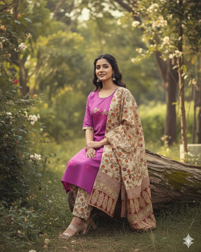 Kalamkari 3pc Set with Embroidery & Mirror Work Pink