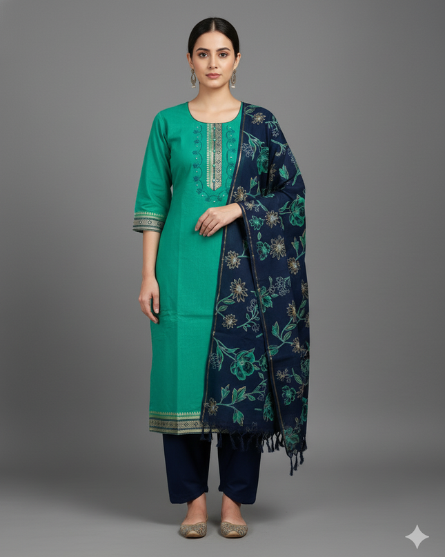 Mangalagiri Cotton Kurti Set Mint Green – Straight Cut Style, Elbow Length Sleeves