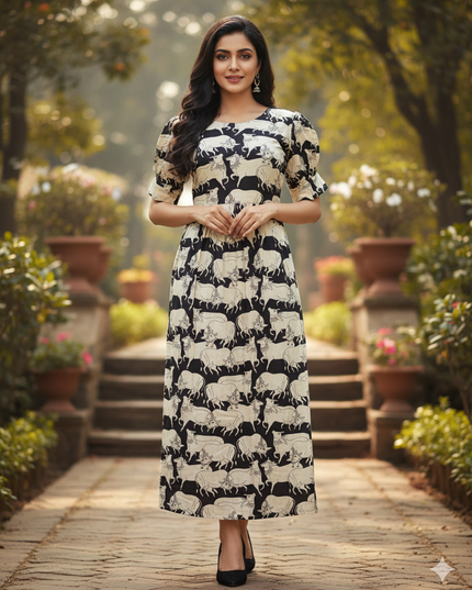 Premium Mul Cotton Frock Black – Puff Sleeve Design with Knots, Zero Shrinkage