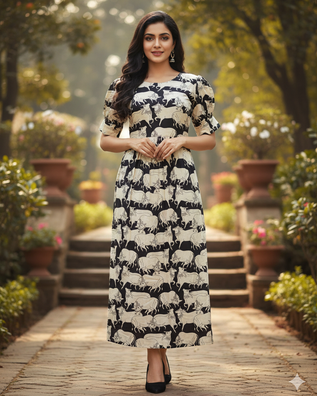 Premium Mul Cotton Frock Black – Puff Sleeve Design with Knots, Zero Shrinkage