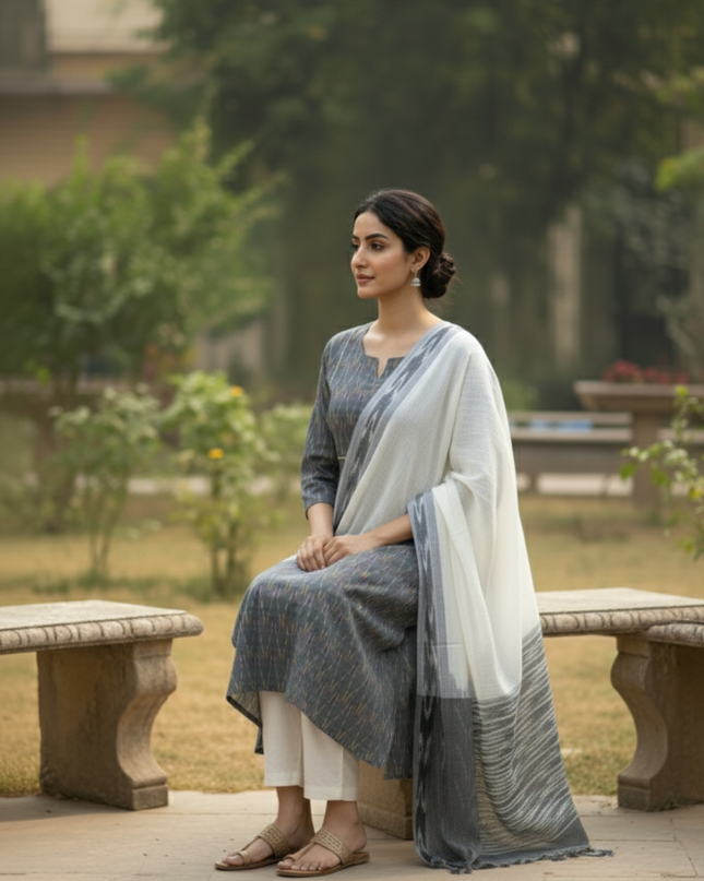 Premium Ikkat 3 Piece Stitched Set – Ready to Wear Kurta, Bottom & Dupatta – Gray colour Handloom Ethnic Wear