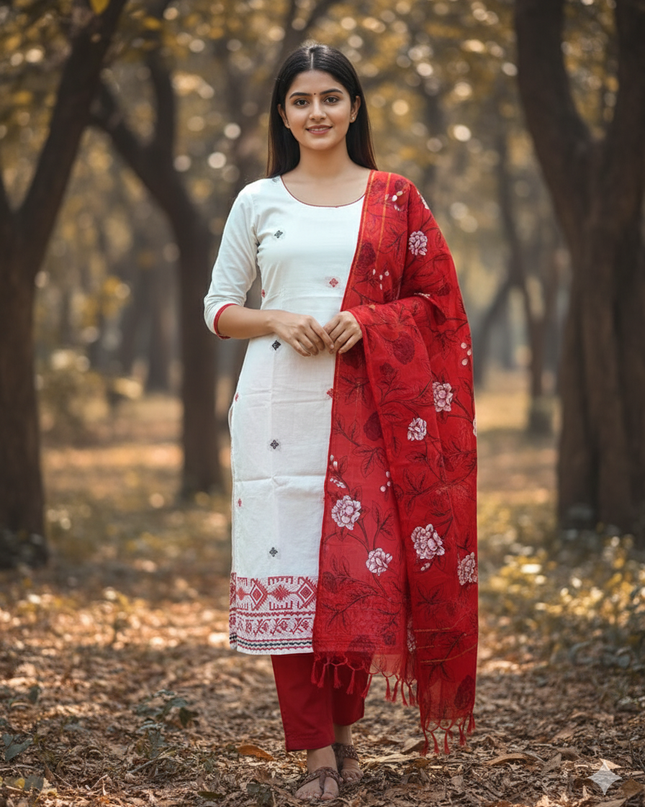 Jacquard Cotton Kurti Set Half White & Red – Straight Cut Style, Elbow Length Sleeves
