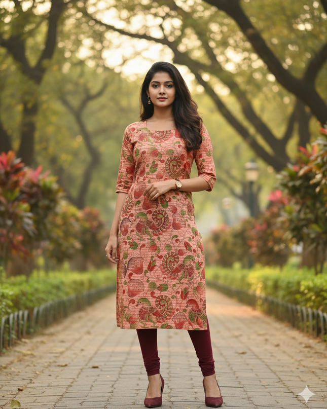 Premium Straight Cut Kurti – Peach Colour with Beautiful Floral Print