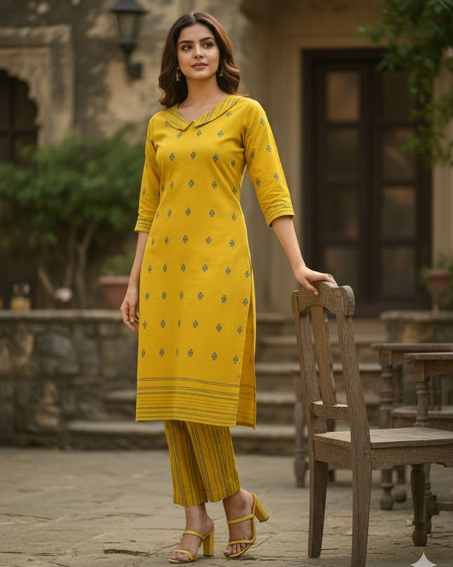 Premium Cotton Wooven Co-ord Set with Yellow Colour