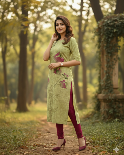 Premium Straight Cut Kurti – Pesara Green Colour with Beautiful Floral Print