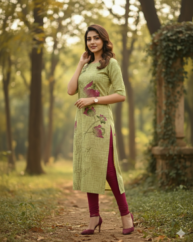 Premium Straight Cut Kurti – Pesara Green Colour with Beautiful Floral Print