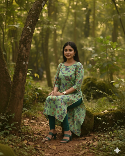 Premium Straight Cut Kurti – Green Colour with Beautiful Floral Print