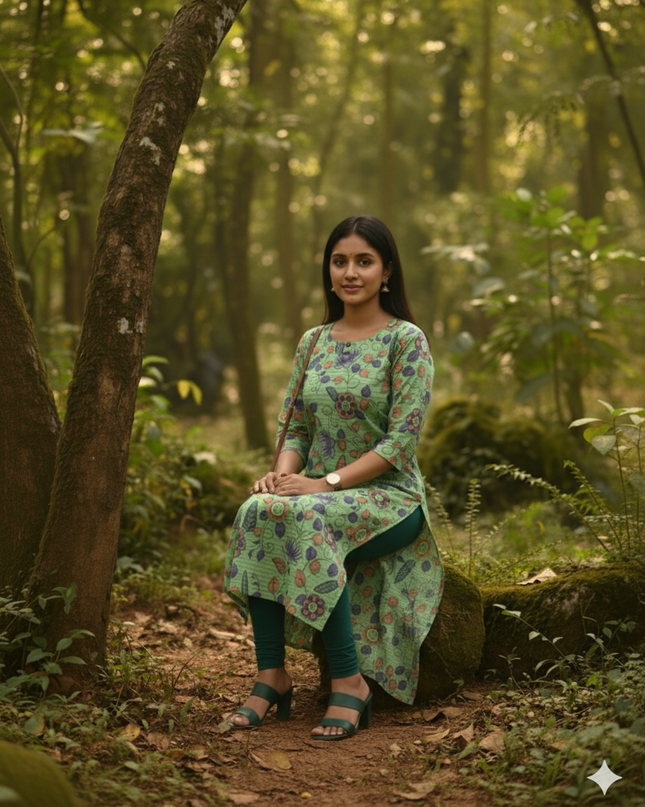 Premium Straight Cut Kurti – Green Colour with Beautiful Floral Print