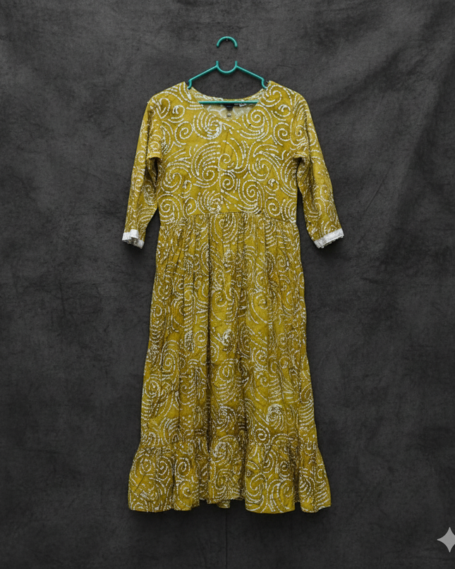 Handmade Batik Frock with Natural Dye – Potli Ball Neck Design Coffee Brown Colour